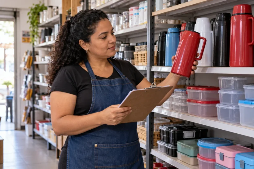 Lojista confere garrafas térmicas e outros produtos com uma prancheta em uma loja de utilidades.