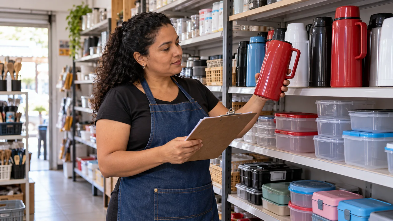 Lojista confere garrafas térmicas e outros produtos com uma prancheta em uma loja de utilidades.