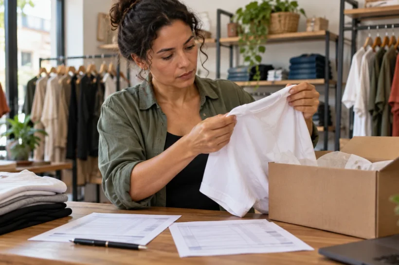 Mulher confere uma amostra de camiseta branca ao lado de documentos e uma caixa de mercadorias.
