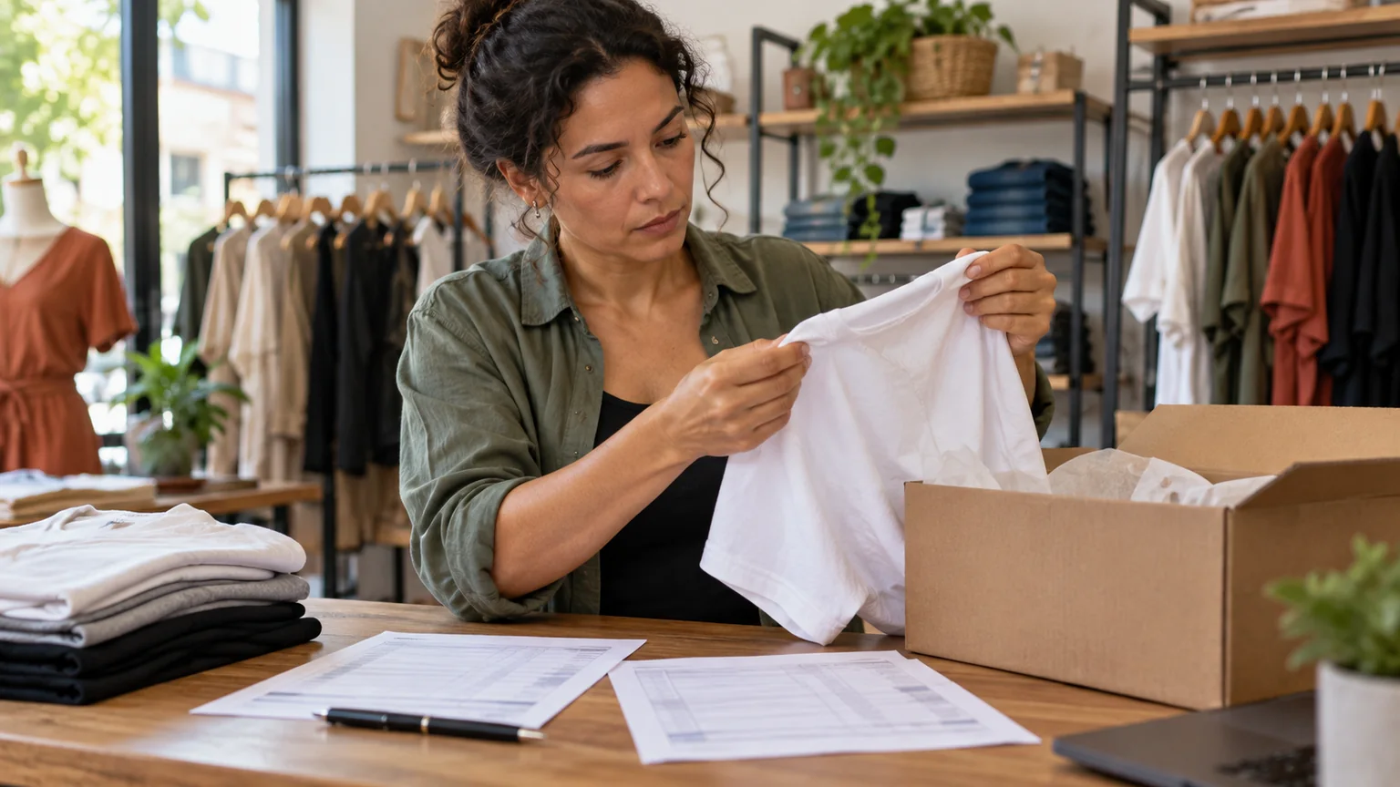 Mulher confere uma amostra de camiseta branca ao lado de documentos e uma caixa de mercadorias.