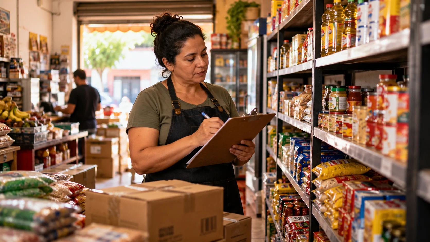 inventário rotativo em pequena loja: comerciante conferindo prateleiras com prancheta