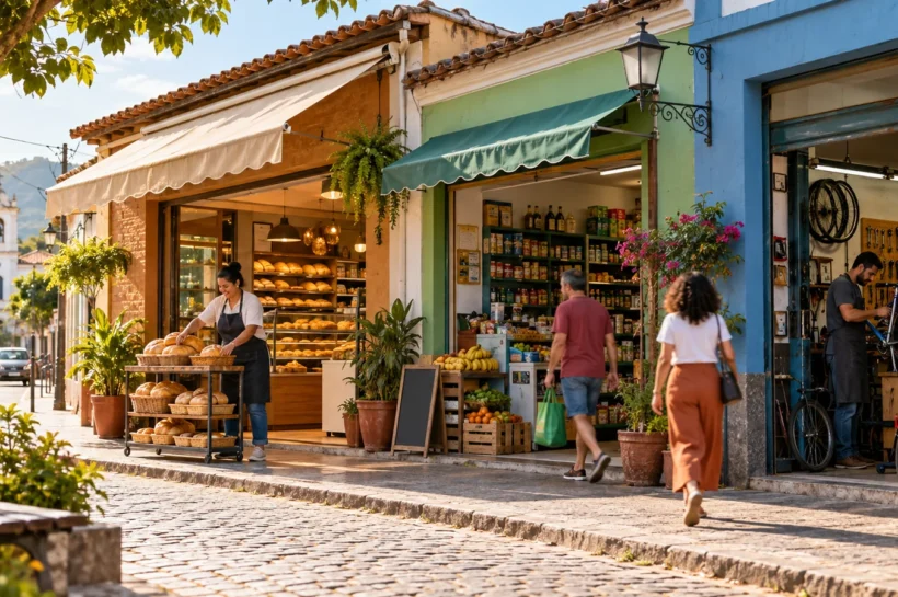 Rua de paralelepípedos com pequenos comércios, produtos expostos e pessoas na calçada.