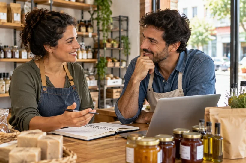 Duas pessoas conversam sobre documentos e um notebook no balcão de uma loja.