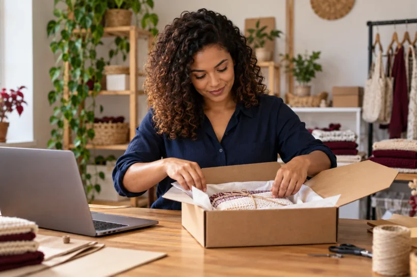 Empreendedora prepara uma encomenda de produtos artesanais ao lado de um notebook em um pequeno espaço de trabalho.