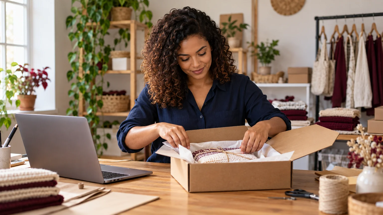 Empreendedora prepara uma encomenda de produtos artesanais ao lado de um notebook em um pequeno espaço de trabalho.