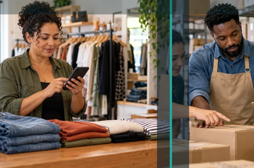 Montagem editorial com uma comerciante usando celular no balcão e lojistas conferindo mercadorias, para artigo sobre Pix e disputa comercial entre Brasil e EUA.