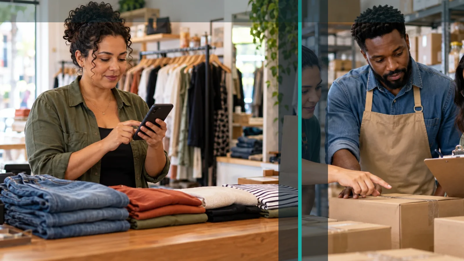 Montagem editorial com uma comerciante usando celular no balcão e lojistas conferindo mercadorias, para artigo sobre Pix e disputa comercial entre Brasil e EUA.