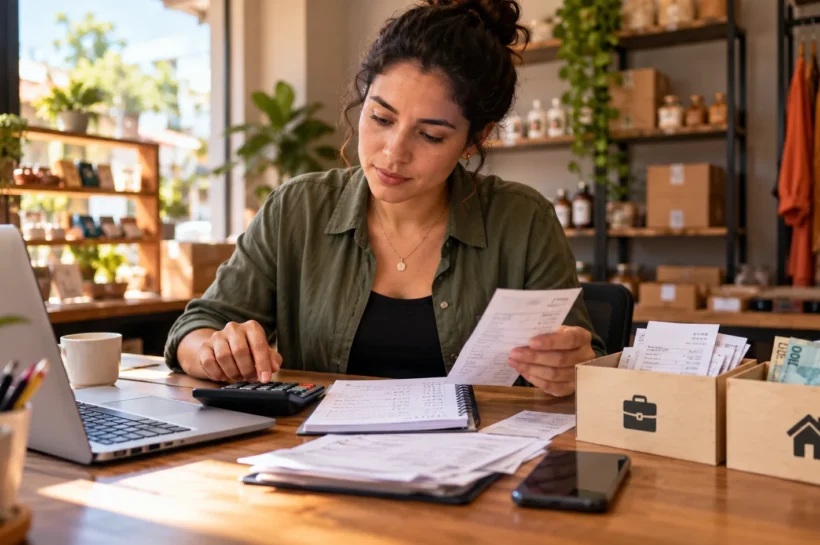 pró-labore e retirada de lucro: empreendedora analisando contas com calculadora