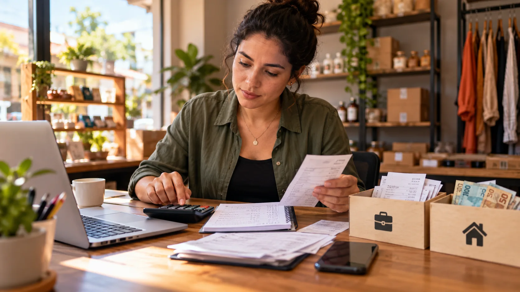 pró-labore e retirada de lucro: empreendedora analisando contas com calculadora