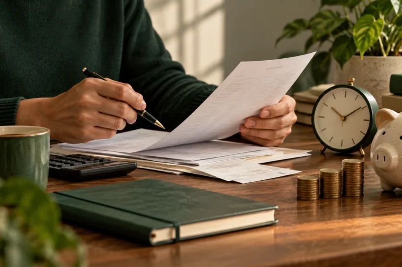 Pessoa revisa documentos em uma mesa com calculadora, relógio, moedas e cofre.