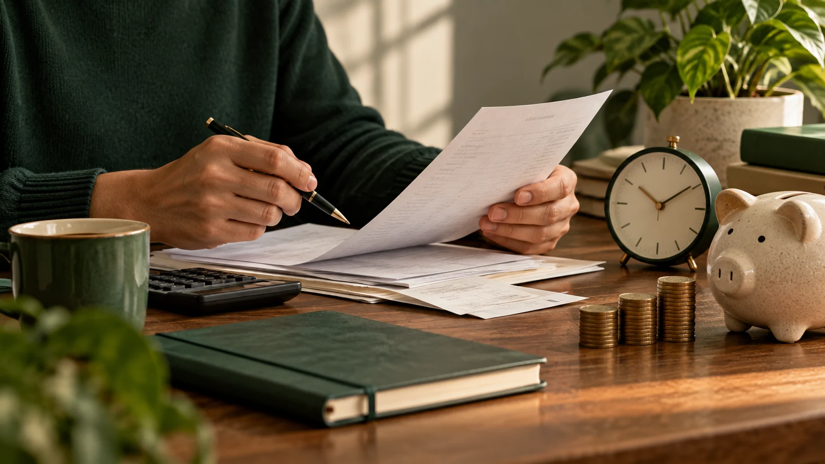 Pessoa revisa documentos em uma mesa com calculadora, relógio, moedas e cofre.