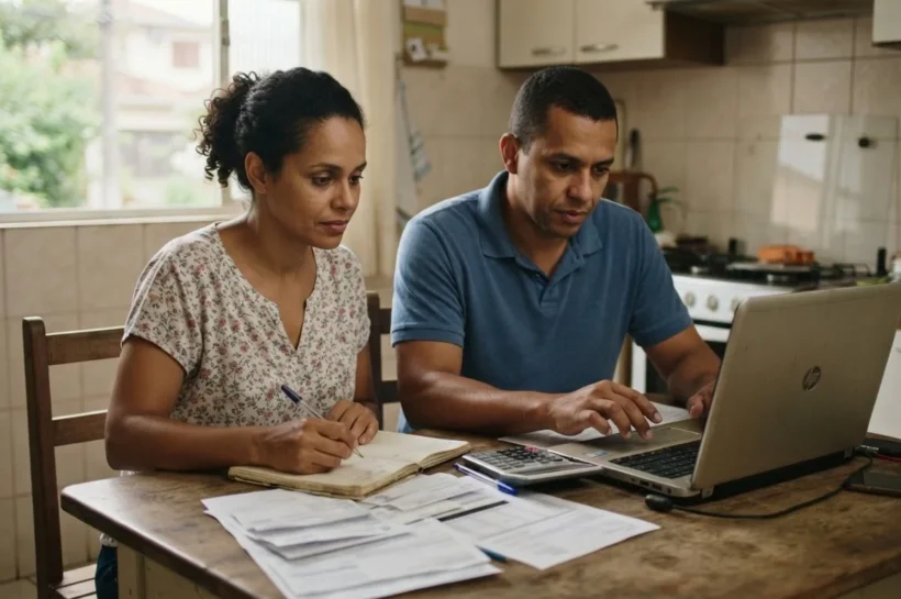 Família brasileira organizando contas e contratos para entender o superendividamento