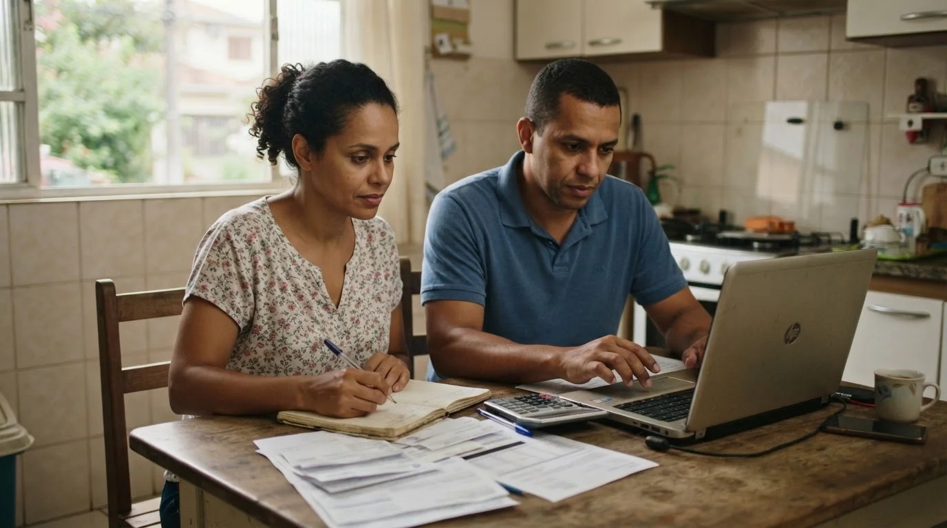 Família brasileira organizando contas e contratos para entender o superendividamento