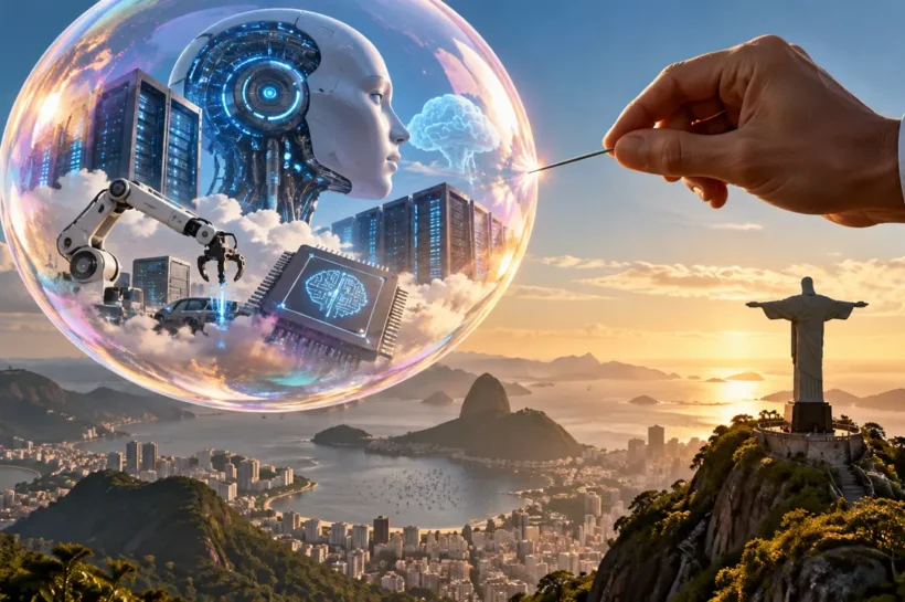Ilustração de bolha com robô, prédios e componentes digitais, diante de uma mão com agulha.