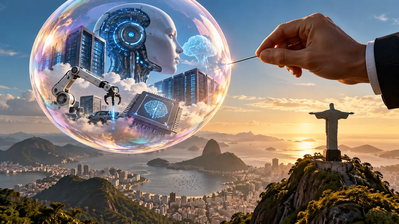 Ilustração de bolha com robô, prédios e componentes digitais, diante de uma mão com agulha.