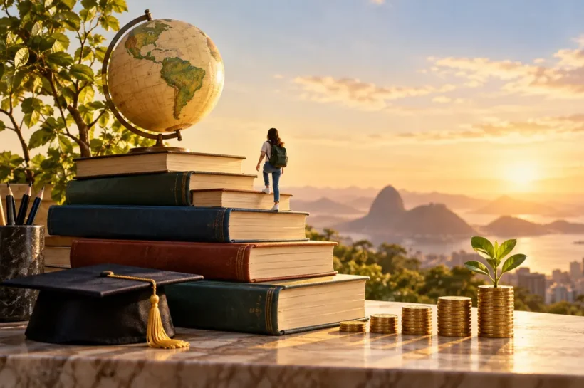 Ilustração de livros empilhados, globo, caderno e chapéu de formatura, com uma pessoa subindo pelos livros.