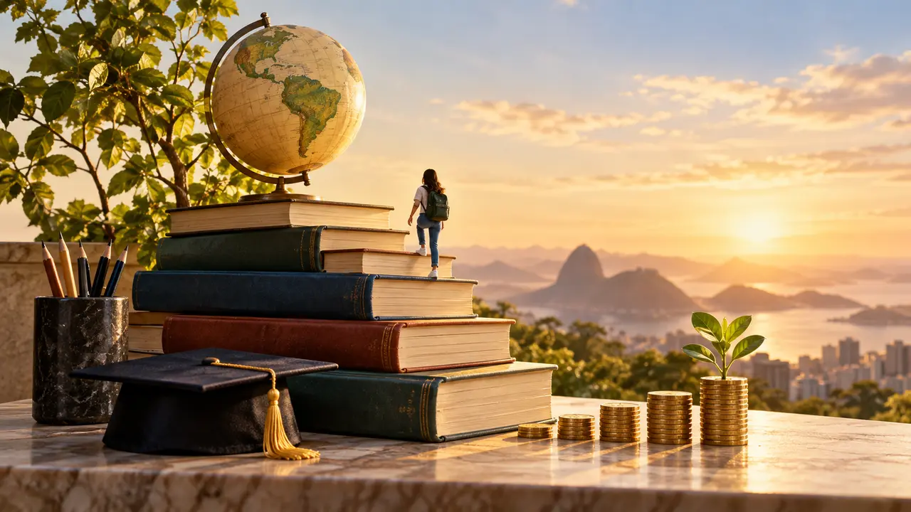Ilustração de livros empilhados, globo, caderno e chapéu de formatura, com uma pessoa subindo pelos livros.
