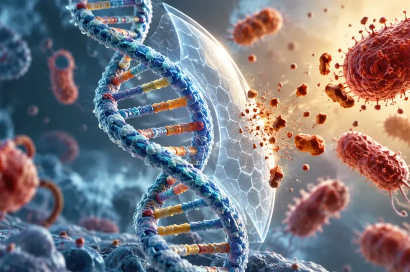 Ilustração de dupla hélice de DNA, microrganismos e escudo transparente em fundo azul.