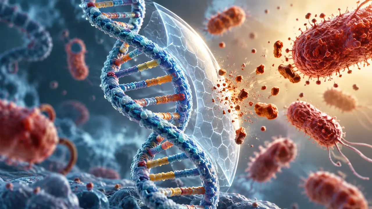 Ilustração de dupla hélice de DNA, microrganismos e escudo transparente em fundo azul.
