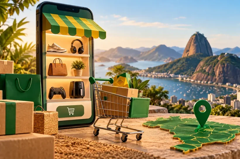 Ilustração de loja no celular, caixas, sacolas, carrinho de compras e mapa do Brasil com marcador de localização.