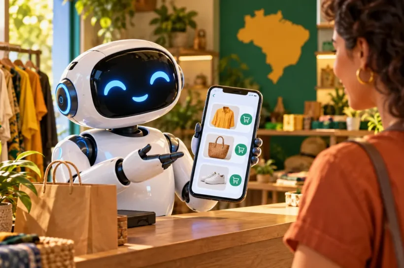 Ilustração de robô atendendo uma cliente e mostrando um catálogo de produtos no celular.