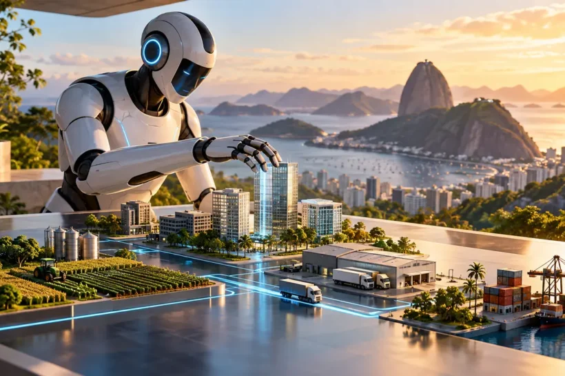Ilustração de robô organizando uma maquete de cidade, com prédios, veículos e porto.