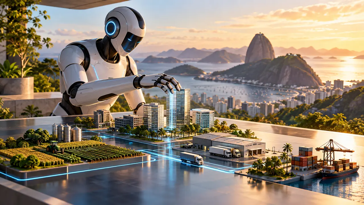 Ilustração de robô organizando uma maquete de cidade, com prédios, veículos e porto.