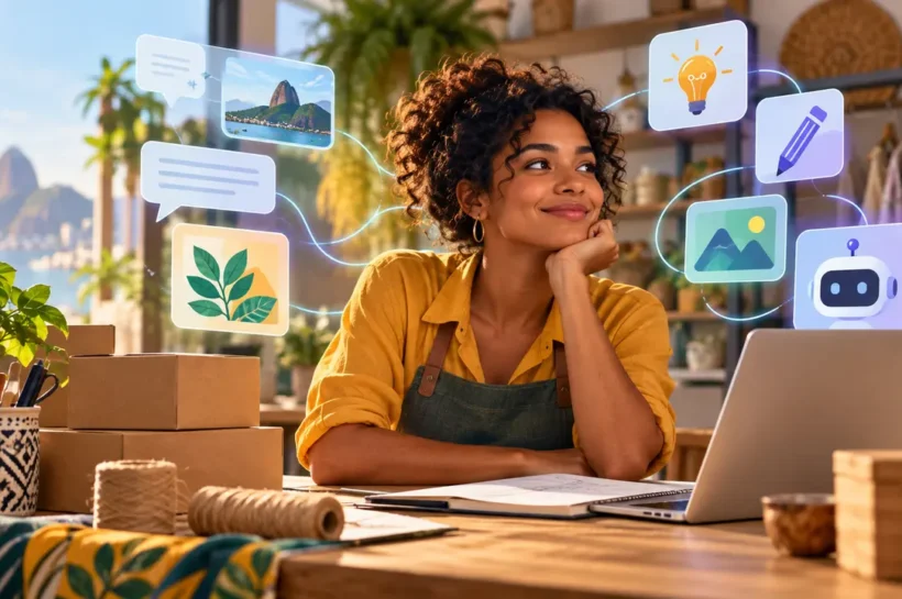 Ilustração de mulher no notebook, cercada por símbolos de texto, imagem, conversa, ideia e assistente virtual.