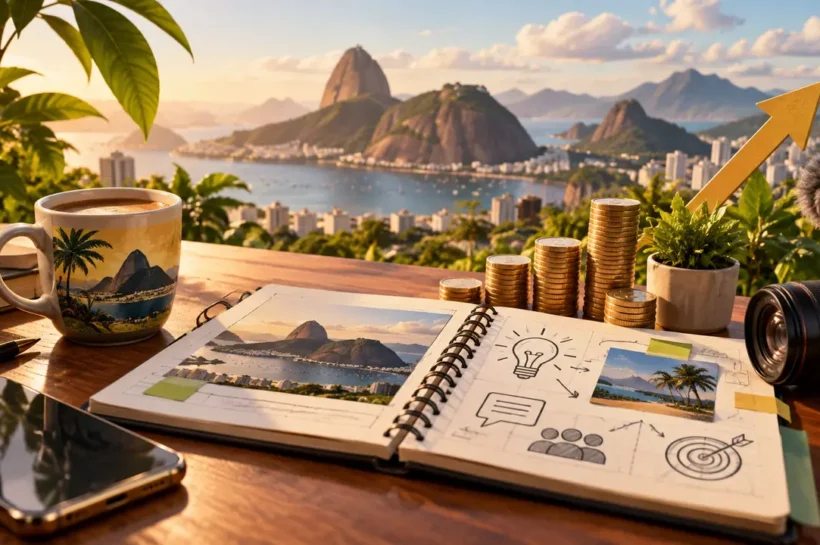 Ilustração de caderno com ideias de conteúdo, câmera, moedas e seta ascendente sobre uma mesa.