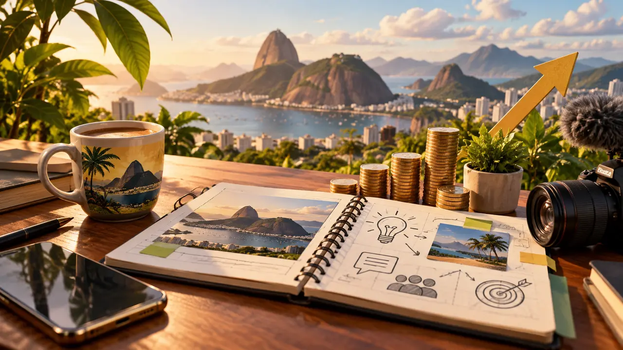 Ilustração de caderno com ideias de conteúdo, câmera, moedas e seta ascendente sobre uma mesa.