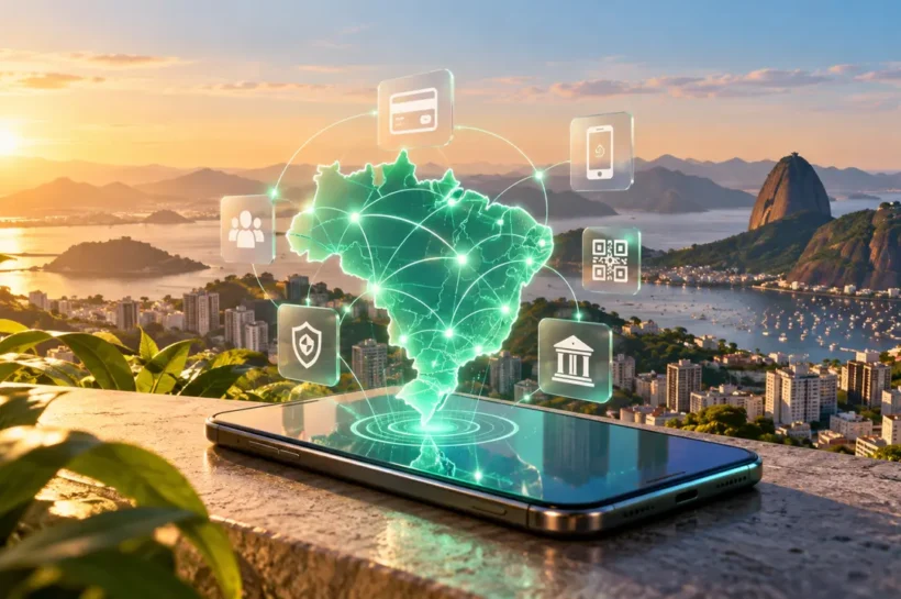Ilustração de mapa digital do Brasil sobre um celular, cercado por símbolos de pagamento e serviços financeiros.