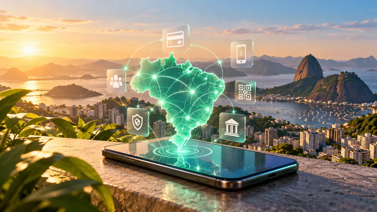 Ilustração de mapa digital do Brasil sobre um celular, cercado por símbolos de pagamento e serviços financeiros.