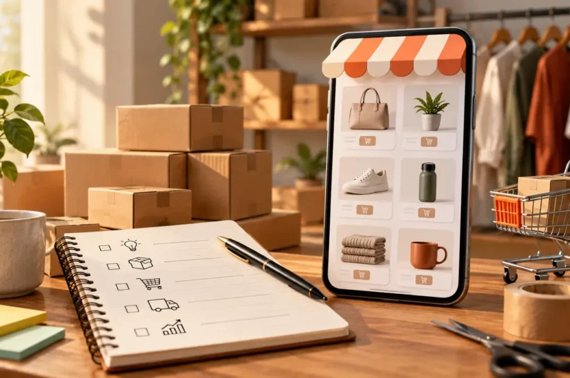 Ilustração de catálogo de produtos no celular, com lista de tarefas, embalagens e carrinho de compras.