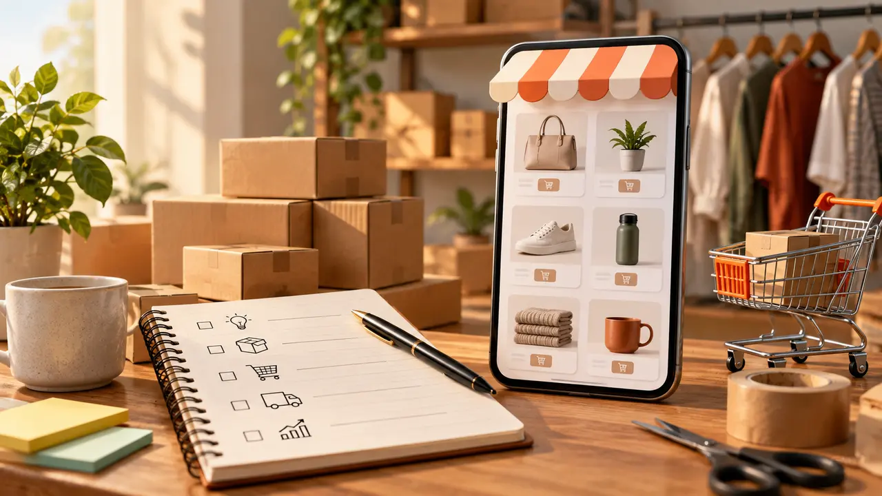 Ilustração de catálogo de produtos no celular, com lista de tarefas, embalagens e carrinho de compras.
