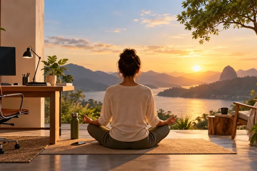 Ilustração de mulher meditando perto de uma mesa de trabalho, diante de uma paisagem ao pôr do sol.