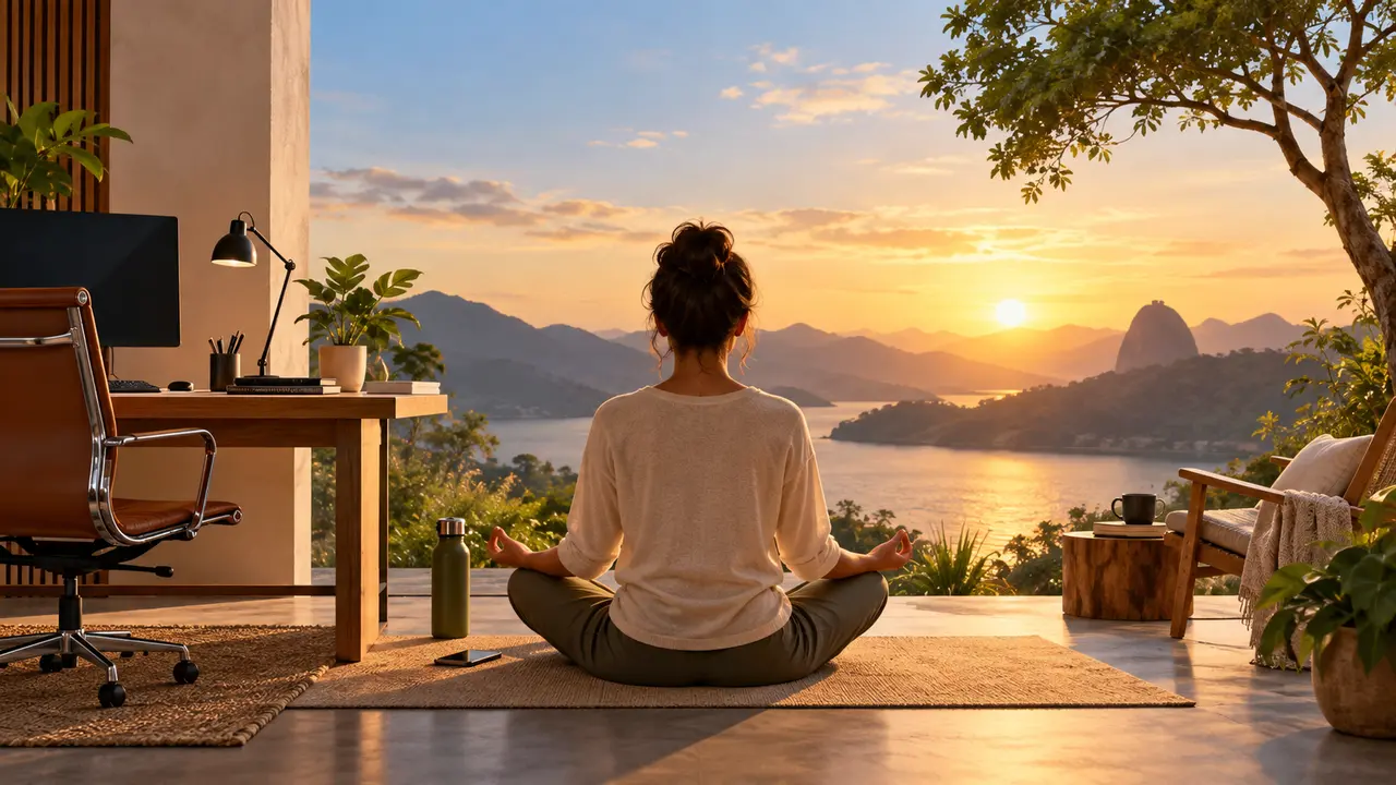 Ilustração de mulher meditando perto de uma mesa de trabalho, diante de uma paisagem ao pôr do sol.
