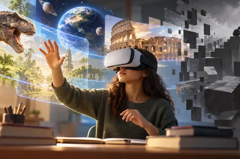 Ilustração de mulher com óculos de realidade virtual diante de imagens de dinossauro, planeta e monumento.