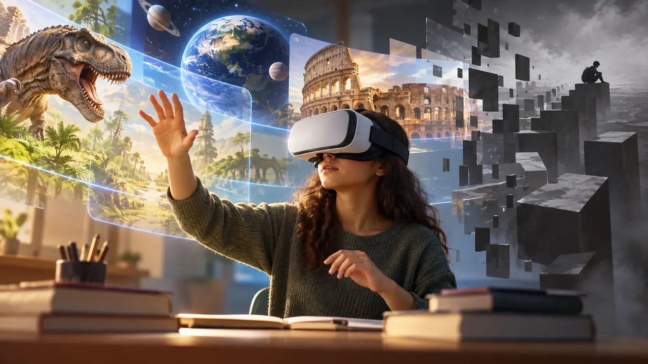 Ilustração de mulher com óculos de realidade virtual diante de imagens de dinossauro, planeta e monumento.