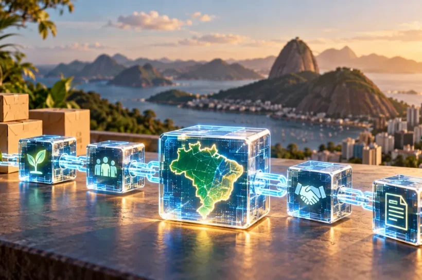 Ilustração de blocos digitais conectados, com símbolos de pessoas, contrato e mapa do Brasil.