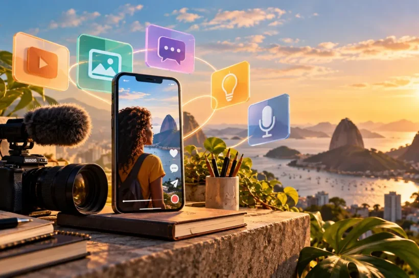 Ilustração de câmera, microfone e celular cercados por símbolos de vídeo, imagem, conversa e ideia.
