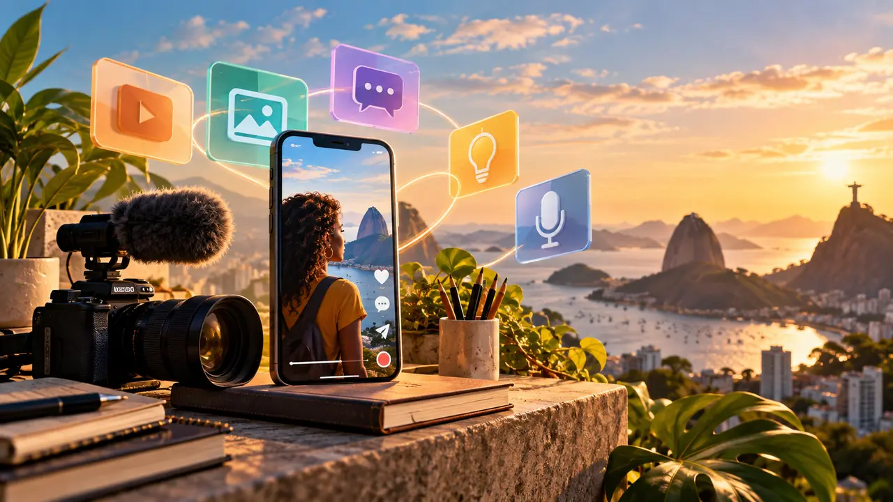 Ilustração de câmera, microfone e celular cercados por símbolos de vídeo, imagem, conversa e ideia.