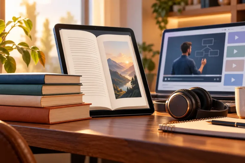 Ilustração de livro digital em um tablet e videoaula no notebook, ao lado de livros e fone de ouvido.