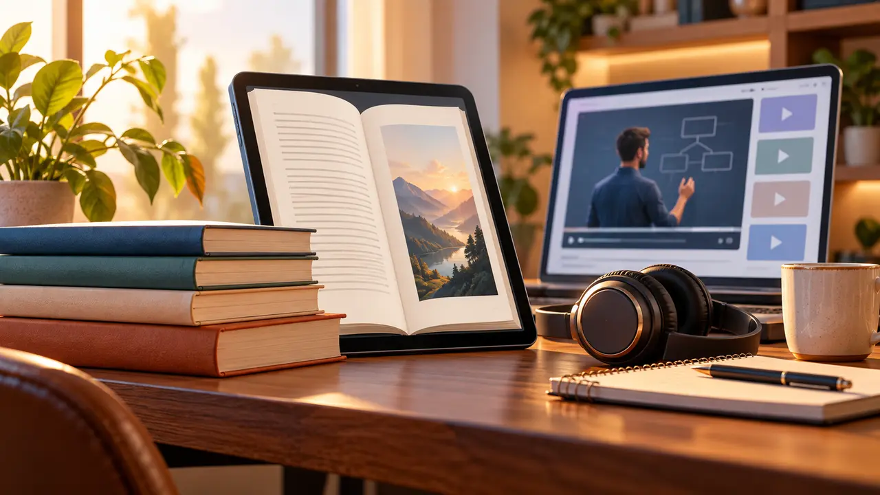 Ilustração de livro digital em um tablet e videoaula no notebook, ao lado de livros e fone de ouvido.