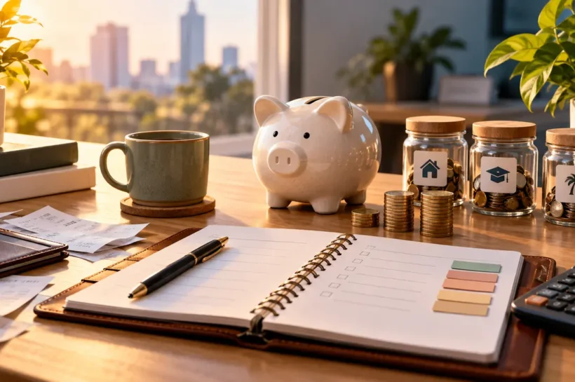 Ilustração de caderno de anotações, calculadora, cofre e potes com moedas sobre uma mesa.