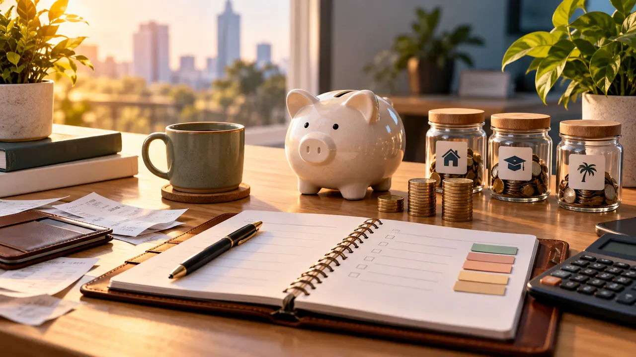 Ilustração de caderno de anotações, calculadora, cofre e potes com moedas sobre uma mesa.