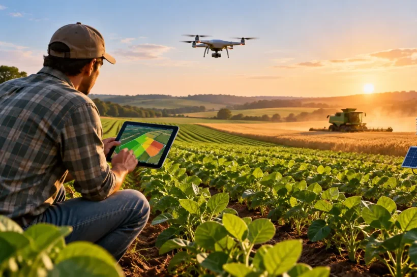 Ilustração de agricultor consultando um tablet na plantação, com drone, sensor e colheitadeira ao fundo.