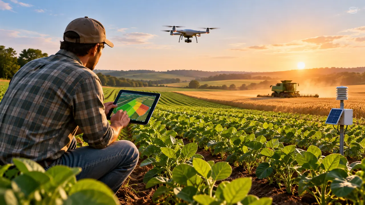Ilustração de agricultor consultando um tablet na plantação, com drone, sensor e colheitadeira ao fundo.