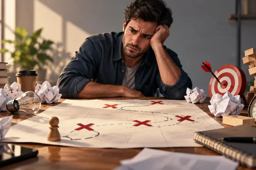 Ilustração de homem diante de anotações, papéis amassados, alvo, relógio e uma torre de blocos.
