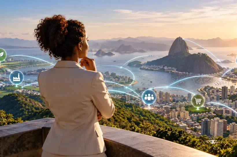 Ilustração de mulher observando uma cidade com conexões digitais e símbolos de indústria, comércio e energia.