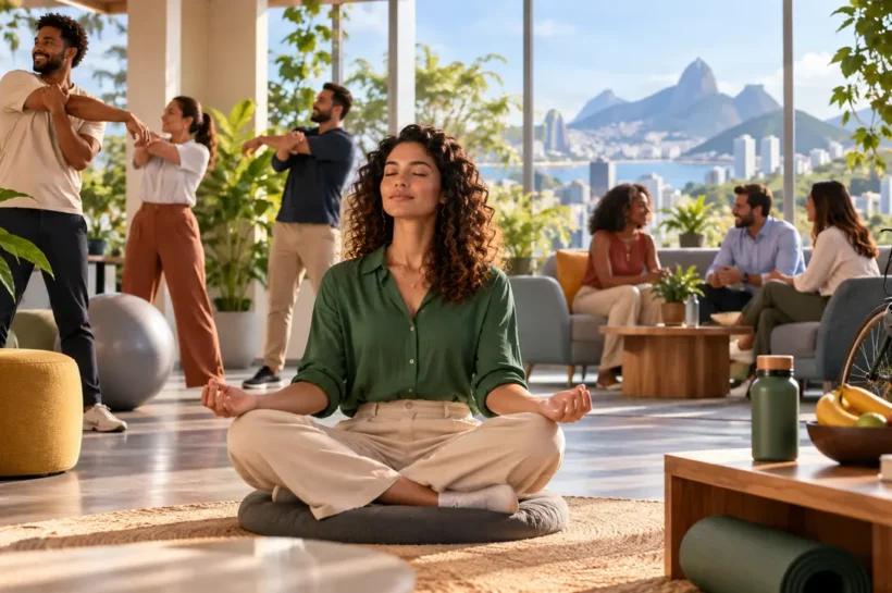 Ilustração de mulher meditando em um ambiente de trabalho, com pessoas se alongando e conversando ao fundo.
